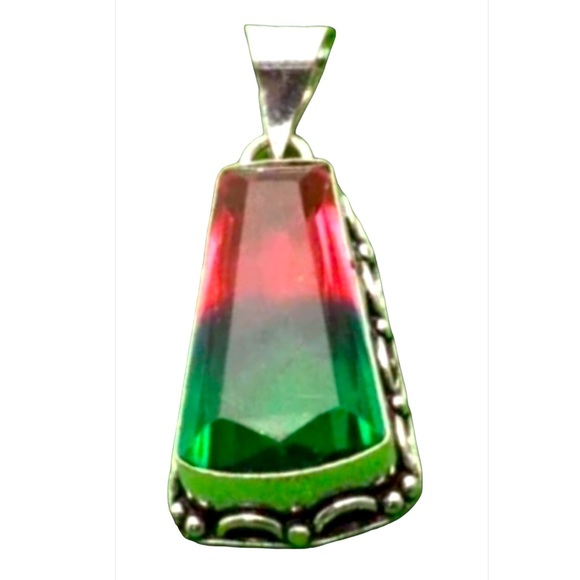 Artisan Jewelry - Bi-Color Tourmaline Pink, Green Gemstone, Simulated, 925 Silver Plated Pendant